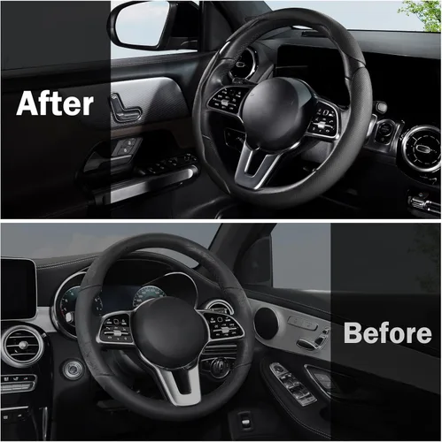 Miniatura 7 de Cubierta de volante de coche de cuero con cierre de presión de 3 piezas, juego de protector antideslizante y envolvente, accesorios para volante