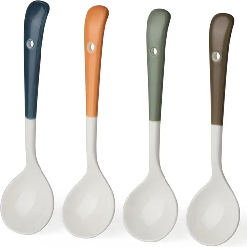 Cucharas de cerámica para postre de mango largo, juego de 4 cucharas de porcelana coreana para comer aperitivos de postre, cereales (doble color)