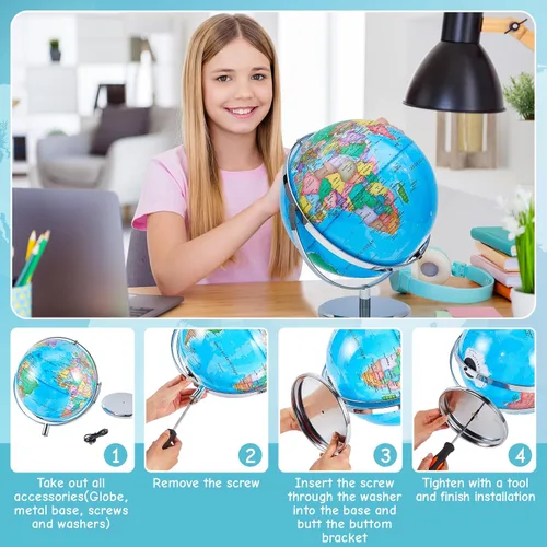 Miniatura 5 de Amylove – Globo mundial iluminado de 13'' para adultos, rotación de 720°/360°, globo reescribible con luz, con soporte, mapa del mundo para metal