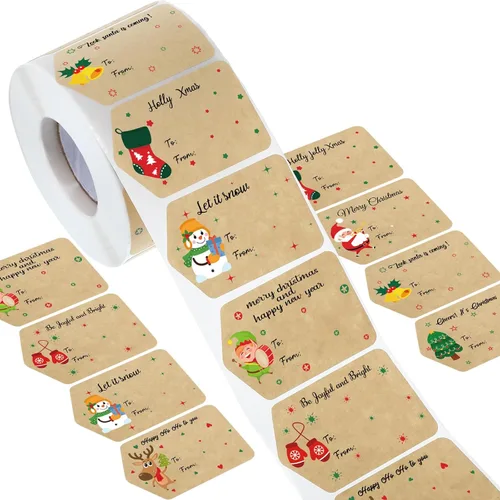 Zonon 720 etiquetas autoadhesivas de regalo de Navidad, etiquetas de papel kraft de Navidad, etiquetas de papel kraft natural para decoración de