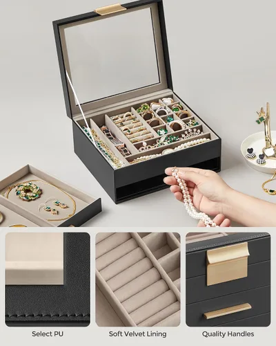 Miniatura 4 de SONGMICS Joyero con tapa de vidrio, organizador de joyas de 2 capas, 1 cajones, almacenamiento de joyas, moderno, idea de regalo, color grafito
