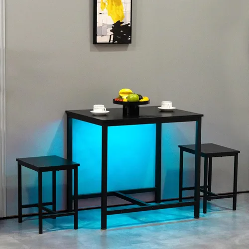 Finnhomy Juego de mesa de comedor de 3 piezas, mesa de cocina pequeña con 2 sillas, luz LED y toma de corriente USB tipo C, diseño que ahorra