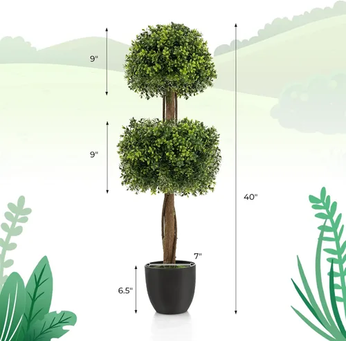 Miniatura 7 de Goplus Árbol de bola artificial de boj de 40 pulgadas, paquete de 2 plantas artificiales en maceta con maceta de plástico rellena de cemento