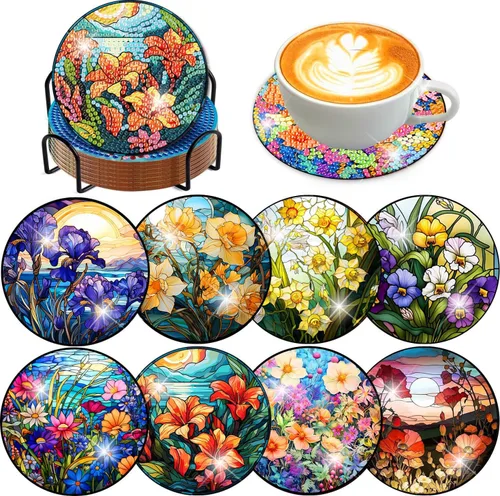 Miniatura 19 de Meothan Juego de 8 posavasos de arte de diamante para adultos con soporte, almohadillas de corcho, posavasos de arte de puntos de diamante de vidrio