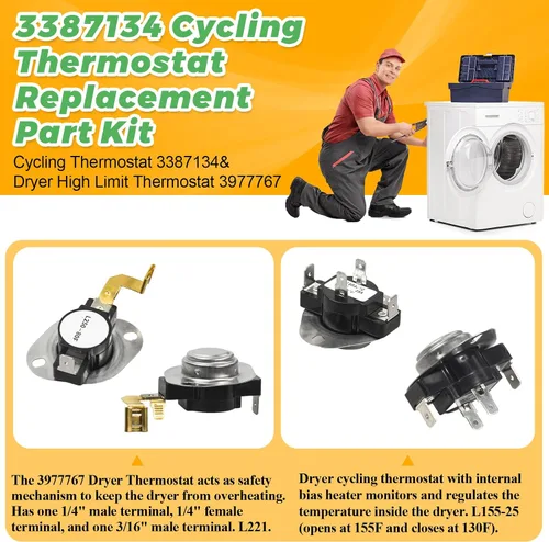 Miniatura 2 de 3392519 & 3977393 Dryer Thermal Fuse 3387134 Cycling Thermostat 3977767 High Limit Thermostat Replacement Kit - WP3392519 WP3387134 WP3977767