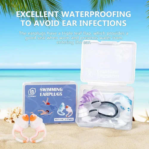 Miniatura 2 de Tapones reutilizables para los oídos de natación con clips para la nariz, 2 pares de tapones de silicona para los oídos para adultos, surf acuático