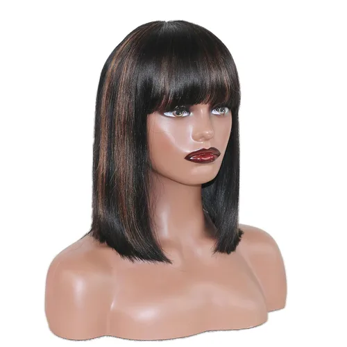 Miniatura 21 de Peluca de cabello humano lacio rubio 613 de 15 pulgadas con flequillo, sin pegamento, sin encaje frontal, Yaki Bob para mujer