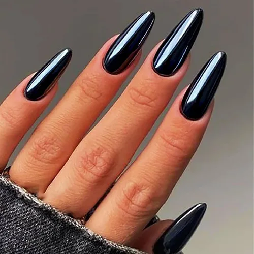 Uñas postizas cromadas negras a presión de almendra mediana, uñas postizas de aguja con diseño brillante, uñas postizas acrílicas de metal brillante