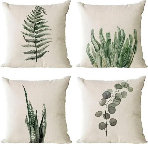 Miniatura 9 de Juego de 4 fundas de almohada decorativas de plantas verdes de 16 x 16 pulgadas, decoraciones de verano, fundas de almohada cuadradas de lino