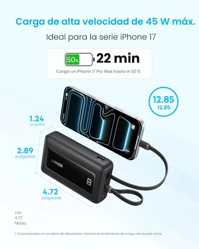 Miniatura 4 de Anker Zolo - Banco de energía (versión actualizada 2025), carga rápida máxima de 45 W, batería de 20,000 mAh, cables USB-C integrados duales, puerto