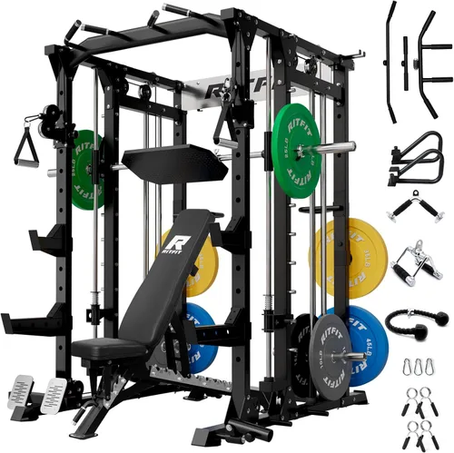 Miniatura 17 de RitFit Máquina Buffalo Smith, jaula eléctrica con sistema LAT-Pull Down y sistema de cruce de cables, estante de sentadillas todo en uno