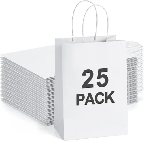 BagDream Bolsas de regalo pequeñas, 25 bolsas de papel kraft de 5.25 x 3 x 8 pulgadas con asas, para regalos pequeños, cumpleaños, recuerdos de