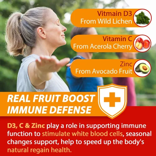 Miniatura 3 de Gomitas de vitamina C + D3 + zinc sin azúcar para adultos mayores de 50 años, suplemento de defensa inmunológica 9 en 1 con D3 5000IU, saúco
