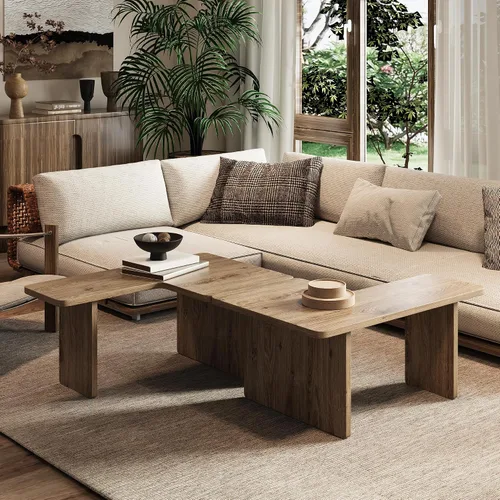 Miniatura 3 de Mesa de centro moderna doble en forma de L, mesa central con acabado de madera de roble, dispuesta libremente para adaptarse a cualquier espacio