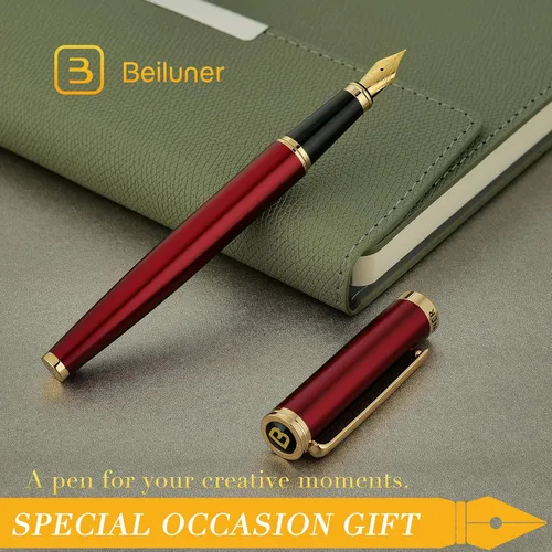 Miniatura 7 de BEILUNER Pluma estilográfica roja, impresionantes plumas de lujo con acabado de oro de 24 quilates, hermosa plumilla dorada de 24 quilates (fina)
