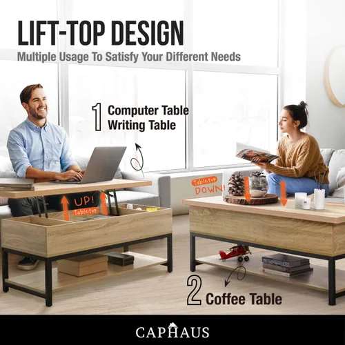 Miniatura 5 de CAPHAUS Mesa de centro elevable con compartimento oculto y cajón deslizante, mesa elevadora para almacenamiento de sala de estar, 41 pulgadas
