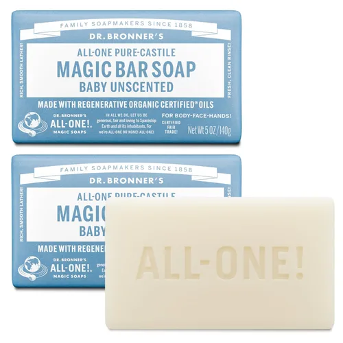 Dr. Bronner's Pure-Castile Baby - Jabones en barra mágicos sin fragancia - Hechos con aceites orgánicos regenerativos certificados - Para rostro,