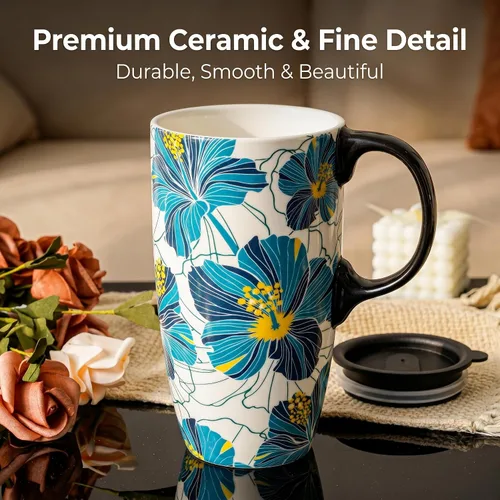 Miniatura 7 de DUSVALLY Taza de Café de Cerámica Taza Alta con Tapa, Taza de Té de Porcelana con Asa para Café con Leche, Capuchino y Cacao, Tazas de Café
