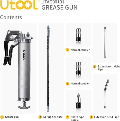 Miniatura 2 de UTOOL Pistola de engrase, kit de pistola de engrase resistente de 8000 PSI con capacidad de 14 onzas, manguera flexible de resina de 18 pulgadas, 2