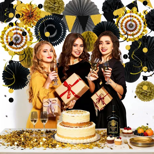 Miniatura 3 de 24 decoraciones de fiesta negras y doradas, abanicos de papel, guirnaldas de pompones de panal, suministros colgantes reutilizables para graduación