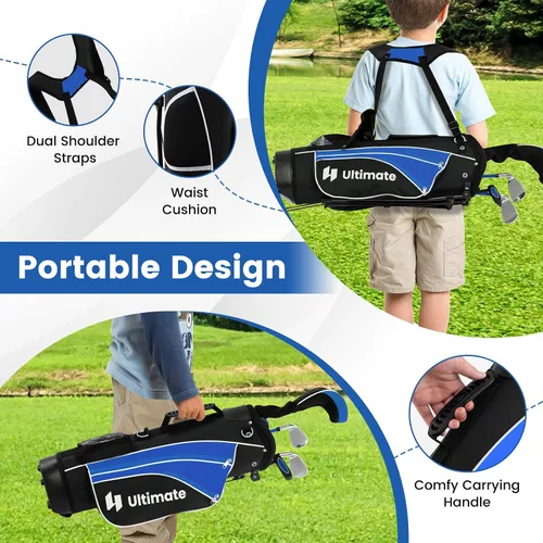 Miniatura 6 de Juego de palos de golf junior Tangkula para niños diestros, incluye madera de fairway #3 y hierros #7/#9, putter, funda para la cabeza y capucha Azul