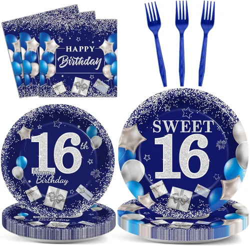 gisgfim 96 Piezas Platos y Servilletas de Cumpleaños 16 Suministros para Fiestas Dulces 16 Juego de Vajilla para Fiestas Azul Plateado Decoraciones