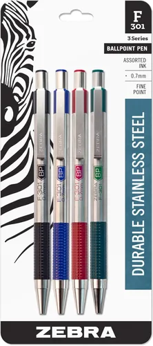 Miniatura 2 de Zebra Pen F-301 Bolígrafo retráctil, barril de acero inoxidable, punta fina, 0.028 in, tinta surtida, paquete de 4 y lápiz mecánico M-301, barril