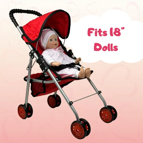 Miniatura 6 de The New York Doll Collection My First Doll Stroller con Canasta, Cochecito de Muñeca Plegable (Acolchado Rojo)