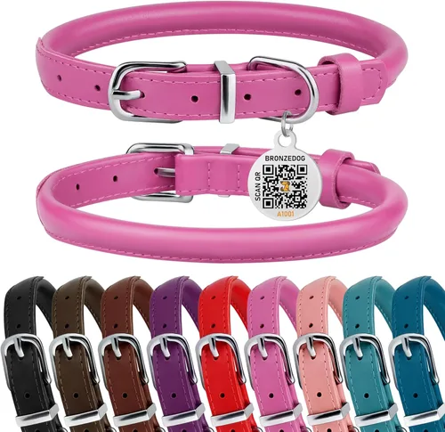 Miniatura 12 de BRONZEDOG Collar de perro de cuero enrollado para perros pequeños, medianos y grandes con etiqueta de identificación QR (ciruela, XS: 9-11 pulgadas)