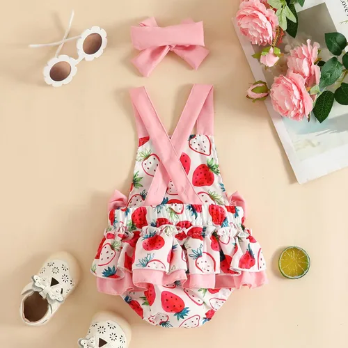 Miniatura 3 de LBDFBJY Mameluco sin mangas para bebé y niña, sin espalda, estampado de fresa, de verano, de una pieza, con diadema