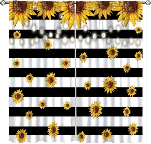 Miniatura 25 de Sunflower Curtains for Living Room Bedroom, Spring Nature Blue Sky and Butterfly Window Drapes, Rustic Wooden Fence Floral Botanical Decor, 2 Panels