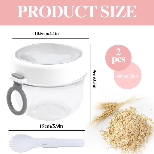 Miniatura 2 de 2 recipientes de avena para toda la noche con tapas, cuchara de 20 onzas, tarros portátiles de yogur de plástico, tazas de desayuno para adultos, 2