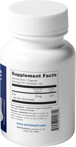 Miniatura 3 de Suplemento de zinc Gluzin™ 25 mg Gluconato de zinc Etiqueta limpia, 120 cápsulas vegetarianas pequeñas Opción suave y de dosis baja para apoyo