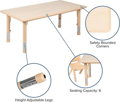 Miniatura 3 de Flash Furniture Emmy - Juego de mesa rectangular de plástico natural ajustable con 4 sillas, 23.625 pulgadas de ancho x 47.25 pulgadas de largo