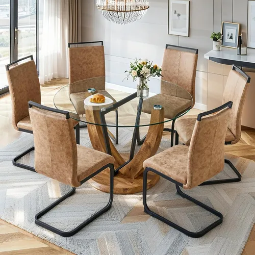 Miniatura 43 de Juego de mesa de comedor redonda para 4, mesa moderna de 48" con tapa de mármol sintético falso y pedestal brillante negro, juego de mesa de cocina
