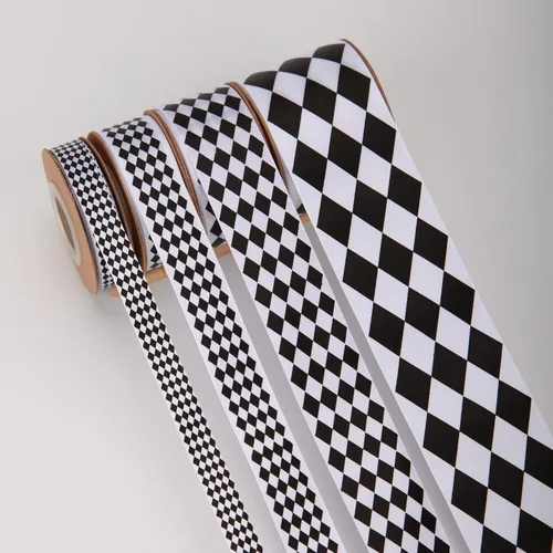 Miniatura 7 de Meseey 4 rollos en total de 20 yardas de cinta de satén a cuadros de diamante blanco y negro, cintas a cuadros de arlequín para envolver regalos