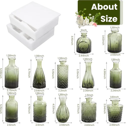 Miniatura 2 de TBWIND Juego de 12 jarrones de cristal verde, pequeños jarrones para flores, florero para centros de mesa a granel, mini jarrón vintage