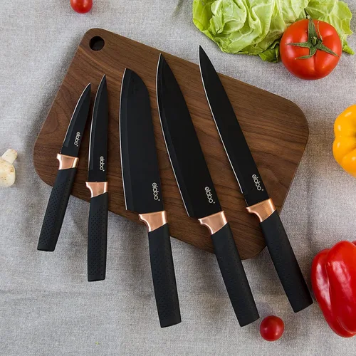 Miniatura 2 de elabo - Juego de cuchillos de cocina de acero inoxidable antiadherentes con soporte, 5 piezas, color negro, mango de oro rosa