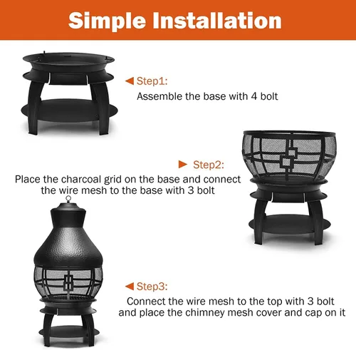 Miniatura 4 de SAFSTAR Chiminea de hierro fundido para exteriores, chimenea de madera con póquer de fuego, cubierta de malla ignífuga de 360°, hoguera de leña