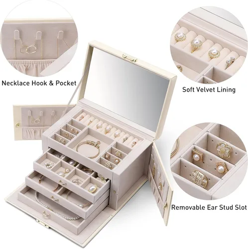 Miniatura 2 de Vlando Caja organizadora de joyas de terciopelo para mujer caja grande de almacenamiento de joyas de cuero con cerradura espejo 3 cajones para reloj