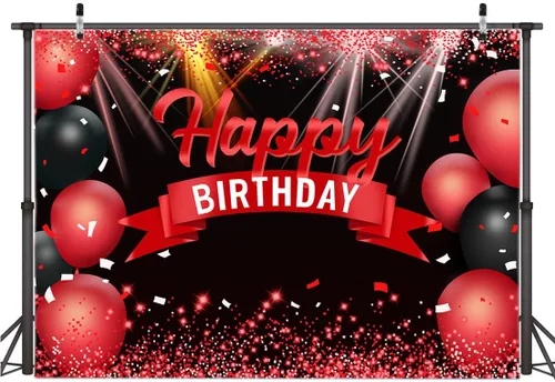 AIIKES Telón de fondo de feliz cumpleaños de 7 x 5 pies con globos rojos con purpurina para niñas y mujeres, decoración de fiesta de fotografía,