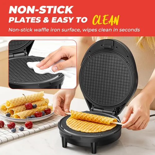 Miniatura 4 de Máquina para hacer gofres y hacer conos de helado con rodillo de cono, 1000 W de doble cara con calefacción uniforme para hacer gofres finos, hace