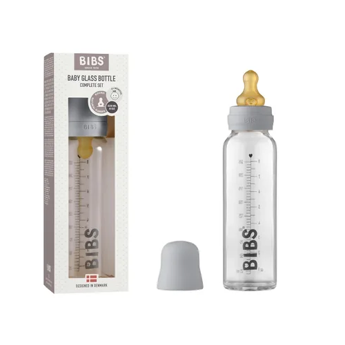 Miniatura 14 de BIBS Biberón de vidrio para bebé. Anticólico. Tetilla de látex de goma natural redonda. Respalda la lactancia natural, Juego completo - 225 ml, Azul