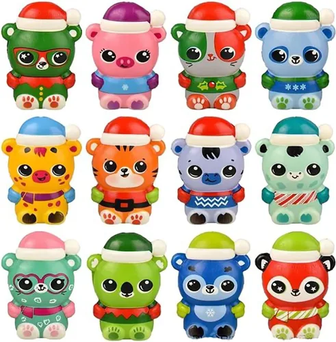 Juego de 24 mini juguetes blandos con temática de animales de invierno - cerdo, oso, cebra, bola de estrés de espuma viscoelástica - Navidad de
