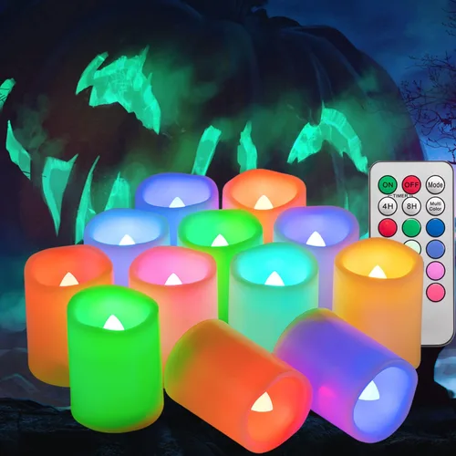 12 velas votivas LED sin llama parpadeantes con control remoto y luz que cambia de color, funciona con pilas, vela falsa LED para exteriores, Votivo