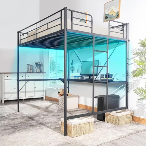 Miniatura 11 de VINGLI - Estructura de cama alta de metal de tamaño individual para niños, adolescentes y adultos con escritorio debajo, 2 estaciones de carga