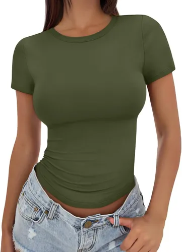 Miniatura 15 de Trendy Queen - Camisetas básicas para mujer, camisetas de verano, manga corta, ajustadas, linda ropa de entrenamiento para gimnasio