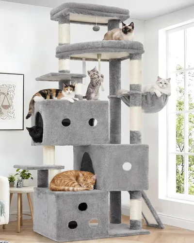 Heybly Árbol para gatos, torre aerodinámica de 74 pulgadas para gatos grandes con condominios apilados de 3 niveles, muebles para gatos con percha