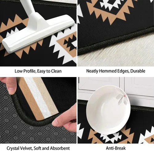 Miniatura 6 de Juego de 2 tapetes de cocina estilo bohemio para cocina, diseño azteca occidental, color negro, antideslizantes, lavables, para el suelo, 2 piezas