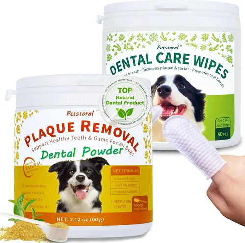 Kit de limpieza dental, toallitas de cuidado dental para limpiar la placa en la superficie de los dientes, polvo dental con sabor a hígado de res
